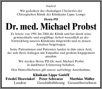 Anzeige  Michael Probst  Lippische Landes-Zeitung