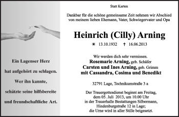 Anzeige  Heinrich Arning  Lippische Landes-Zeitung