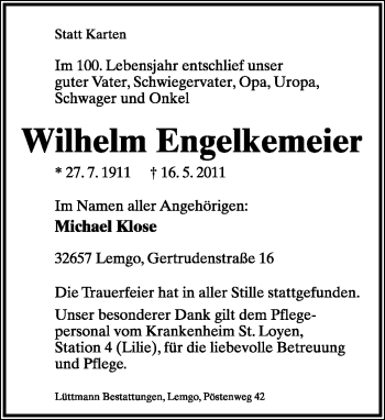 Anzeige  Wilhelm Engelkemeier  Lippische Landes-Zeitung