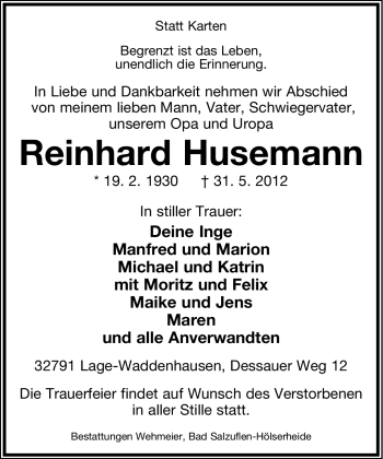 Anzeige  Reinhard Husemann  Lippische Landes-Zeitung