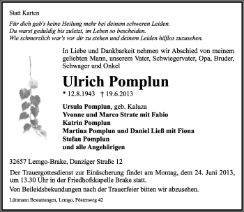Anzeige  Ulrich Pomplun  Lippische Landes-Zeitung