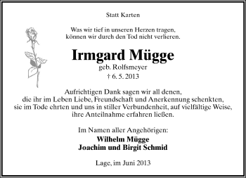 Anzeige  Irmgard Mügge  Lippische Landes-Zeitung
