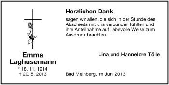 Anzeige  Emma Laghusemann  Lippische Landes-Zeitung