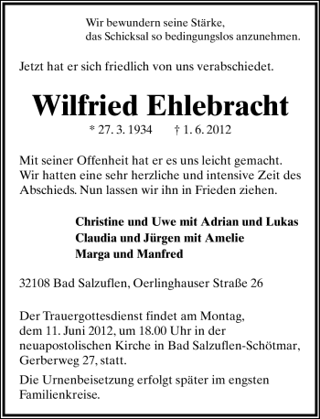 Anzeige  Wilfried Ehlebracht  Lippische Landes-Zeitung