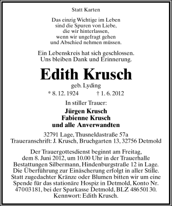 Anzeige  Edith Krusch  Lippische Landes-Zeitung