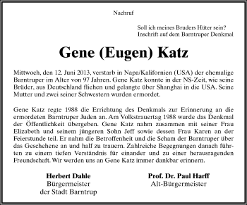 Anzeige  Gene Katz  Lippische Landes-Zeitung