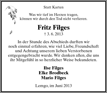 Anzeige  Fritz Filges  Lippische Landes-Zeitung