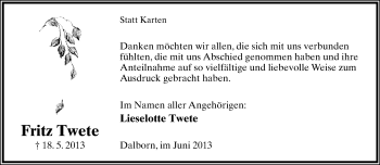 Anzeige  Fritz Twete  Lippische Landes-Zeitung