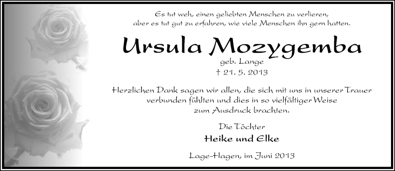  Traueranzeige für Ursula Mozygemba vom 22.06.2013 aus Lippische Landes-Zeitung