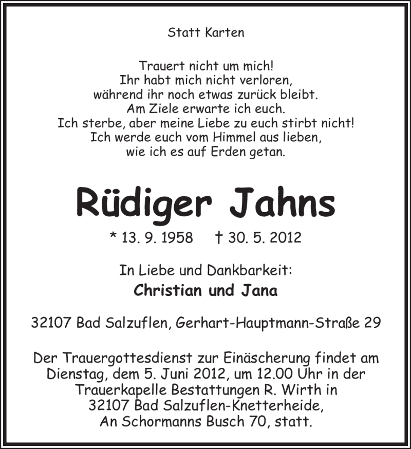  Traueranzeige für Rüdiger Jahns vom 04.06.2012 aus Lippische Landes-Zeitung