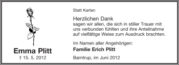 Anzeige  Emma Plitt  Lippische Landes-Zeitung