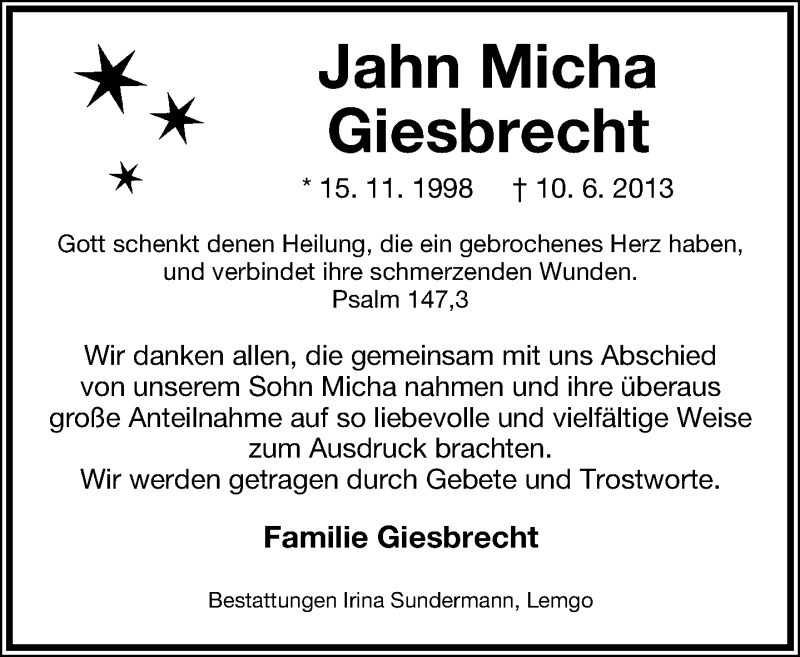  Traueranzeige für Jahn Micha Giesbrecht vom 22.06.2013 aus Lippische Landes-Zeitung