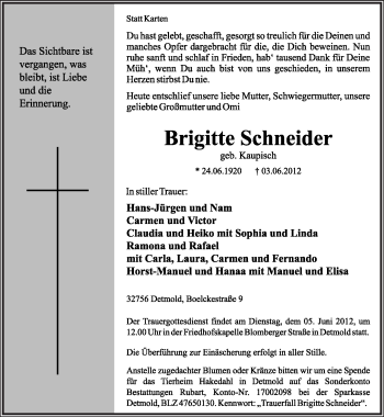 Anzeige  Brigitte Schneider  Lippische Landes-Zeitung