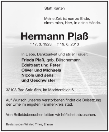 Anzeige  Hermann Plaß  Lippische Landes-Zeitung