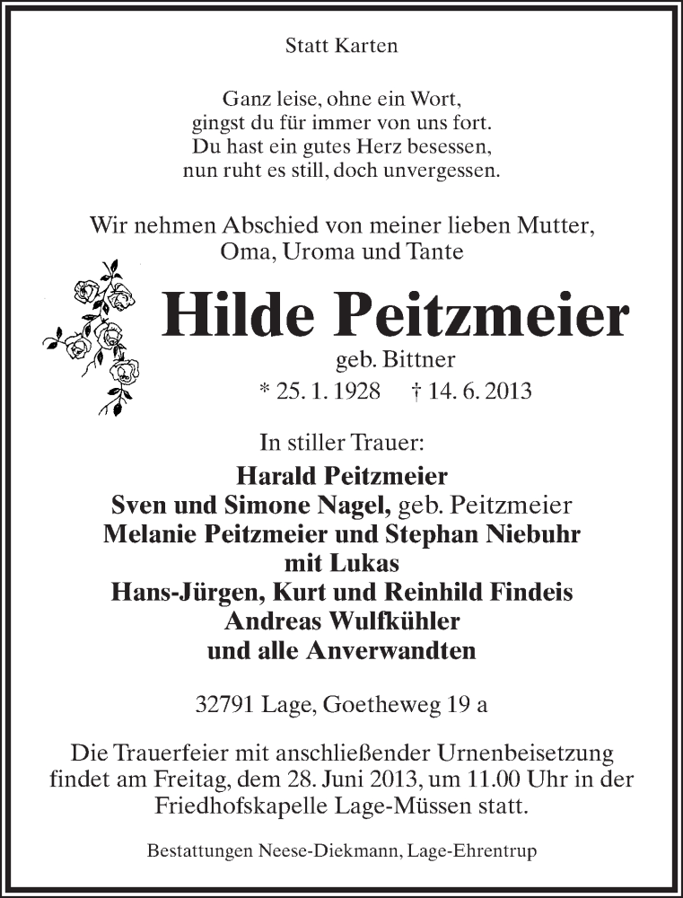  Traueranzeige für Hilde Peitzmeier vom 22.06.2013 aus Lippische Landes-Zeitung