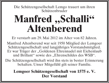 Anzeige  Manfred Altenberend  Lippische Landes-Zeitung
