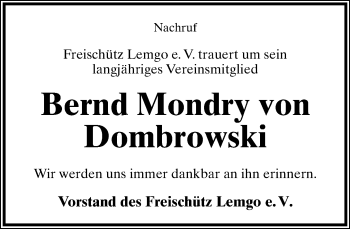 Anzeige  Bernd Mondry von Dombrowski  Lippische Landes-Zeitung