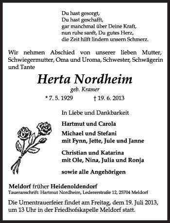 Anzeige  Herta Nordheim  Lippische Landes-Zeitung