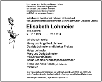 Anzeige  Elisabeth Lohmeier  Lippische Landes-Zeitung