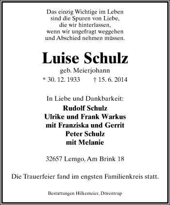 Anzeige  Luise Schulz  Lippische Landes-Zeitung