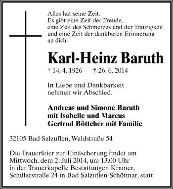 Anzeige  Karl-Heinz Baruth  Lippische Landes-Zeitung