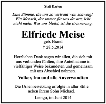 Anzeige  Elfriede Meise  Lippische Landes-Zeitung