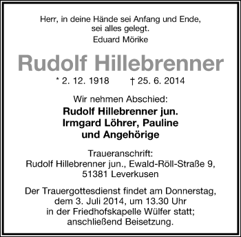 Anzeige  Rudolf Hillebrenner  Lippische Landes-Zeitung