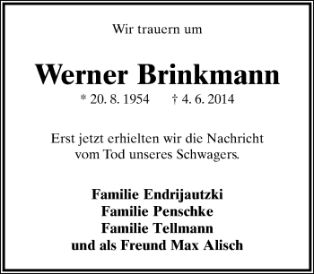 Anzeige  Werner Brinkmann  Lippische Landes-Zeitung