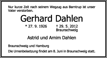 Anzeige  Gerhard Dahlen  Lippische Landes-Zeitung