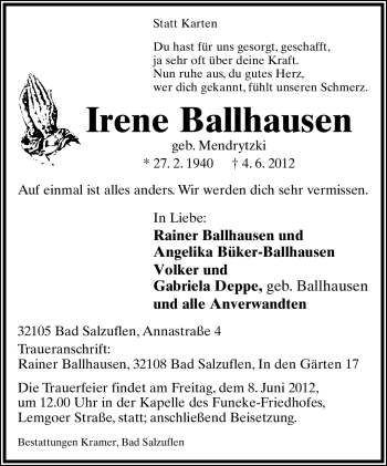 Anzeige  Irene Ballhausen  Lippische Landes-Zeitung