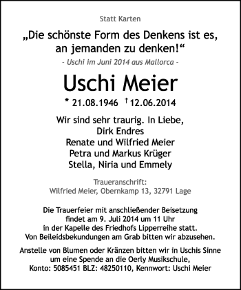 Anzeige  Uschi Meier  Lippische Landes-Zeitung