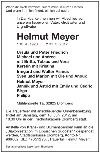 Anzeige  Helmut Meyer  Lippische Landes-Zeitung