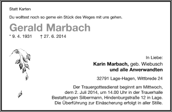 Anzeige  Gerald Marbach  Lippische Landes-Zeitung
