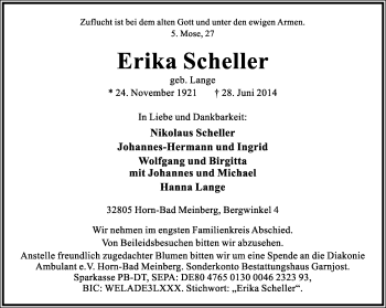 Anzeige  Erika  Scheller  Lippische Landes-Zeitung