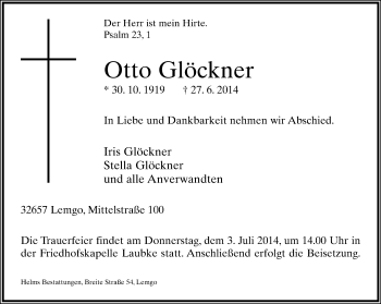 Anzeige  Otto Glöckner  Lippische Landes-Zeitung