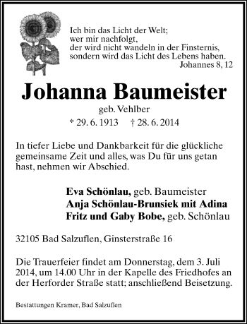 Anzeige  Johanna Baumeister  Lippische Landes-Zeitung