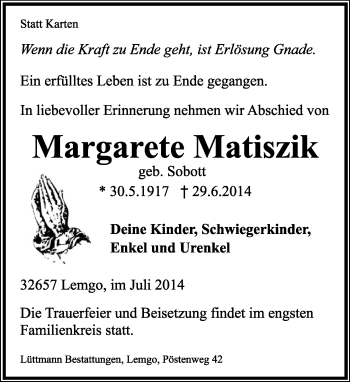 Anzeige  Margarete Matiszik  Lippische Landes-Zeitung