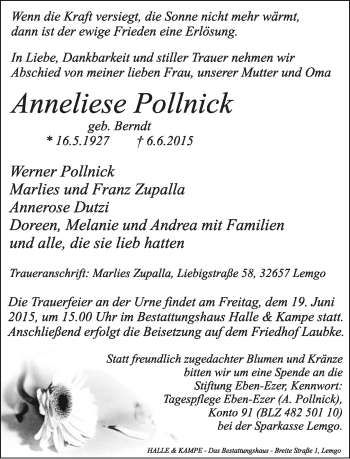 Anzeige  Anneliese Pollnick  Lippische Landes-Zeitung