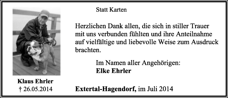  Traueranzeige für Klaus Ehrler vom 05.07.2014 aus Lippische Landes-Zeitung