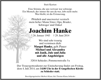 Anzeige  Joachim Hanke  Lippische Landes-Zeitung