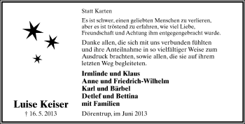 Anzeige  Luise Keiser  Lippische Landes-Zeitung