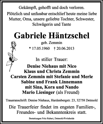 Anzeige  Gabriele Häntzschel  Lippische Landes-Zeitung