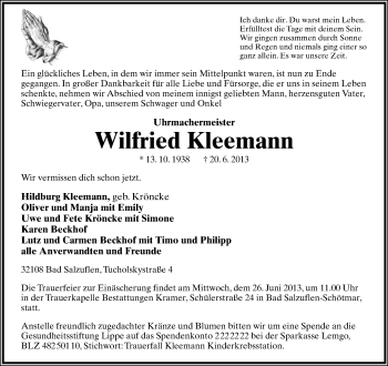 Anzeige  Wilfried Kleemann  Lippische Landes-Zeitung