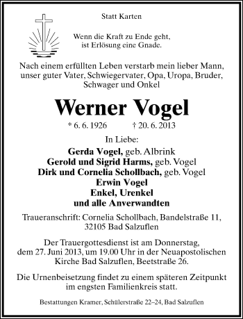 Anzeige  Werner Vogel  Lippische Landes-Zeitung