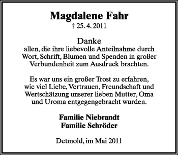Anzeige  Magdalena Fahr  Lippische Landes-Zeitung