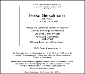 Anzeige  Heike Gieselmann  Lippische Landes-Zeitung