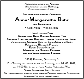Anzeige  Anna-Margarethe Buhr  Lippische Landes-Zeitung