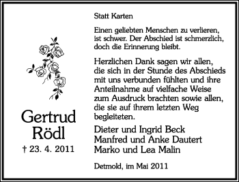 Anzeige  Gertrud Rödl  Lippische Landes-Zeitung