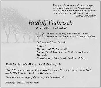 Anzeige  Rudolpf Gabrisch  Lippische Landes-Zeitung