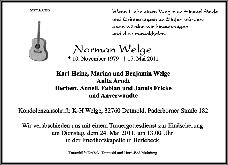  Traueranzeige für Norman Welge vom 21.05.2011 aus Lippische Landes-Zeitung